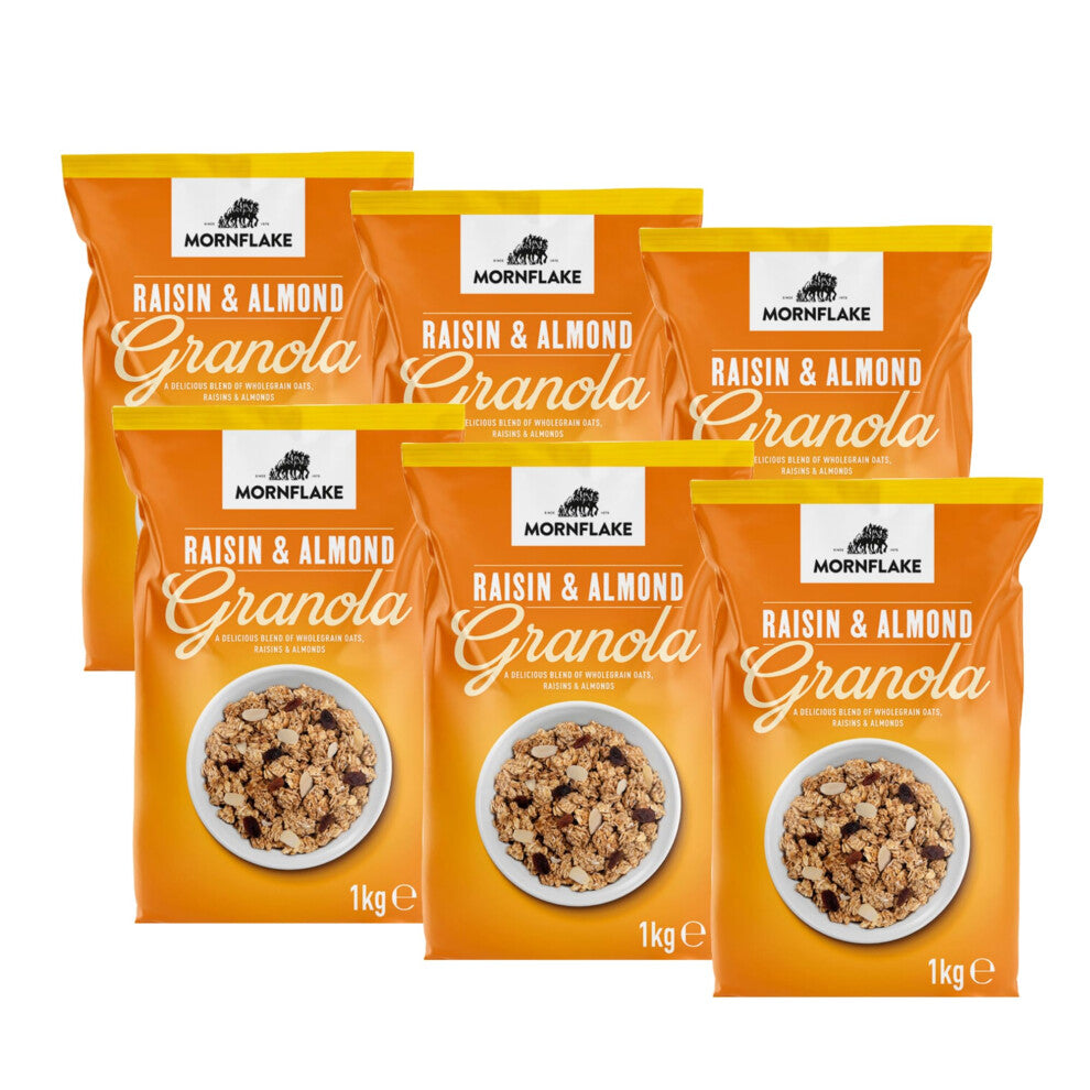Mornflake - Crunchy Raisin & Almond Granola. 6x 1kg Sachets Bags. High Fibre Granola Cereal Multipack, Breakfast Granola with Raisins, Almonds &