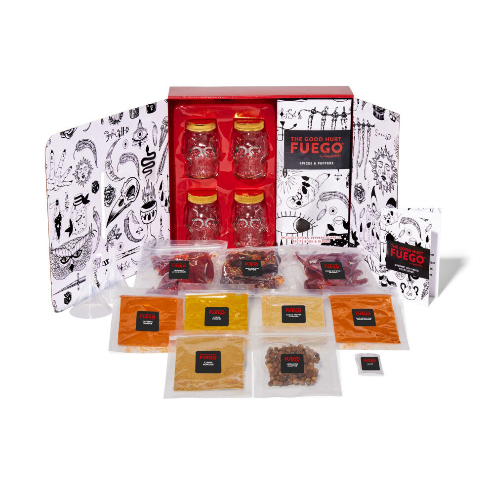 The Good Hurt Fuego by Thoughtfully, DIY Hot Sauce Set, Hot Sauce Making Kit Includes 4 Skull Shaped Reusable Glass Jars, 2 Funnels, Seasonings,