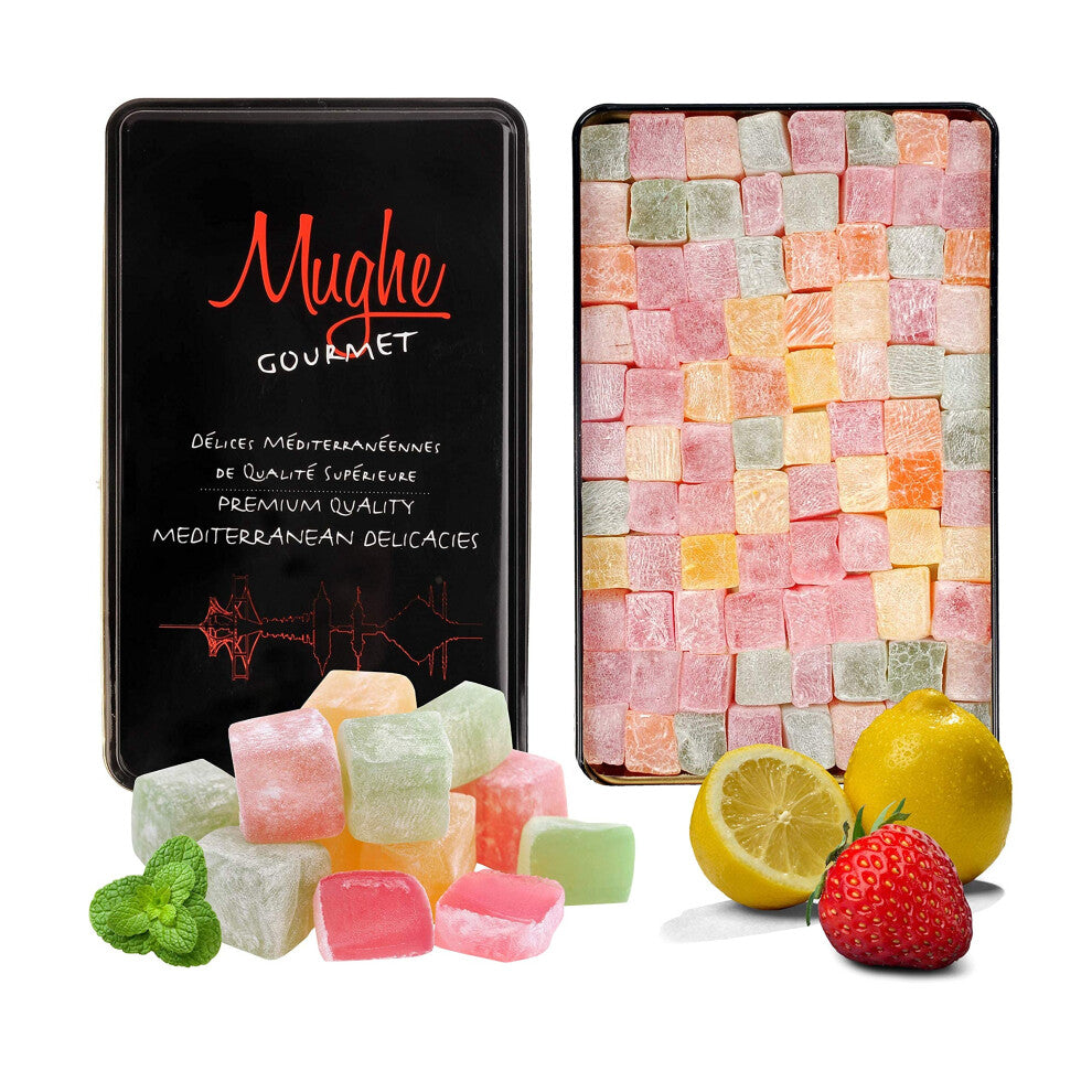 Mughe Gourmet Turkish Delight Candy Elegant Tin Box - 1.65lb-750g - Halal, Vegan Lokum Fruit Flavors Rose, Strawberry, Lemon, Orange, Mint - Gift for