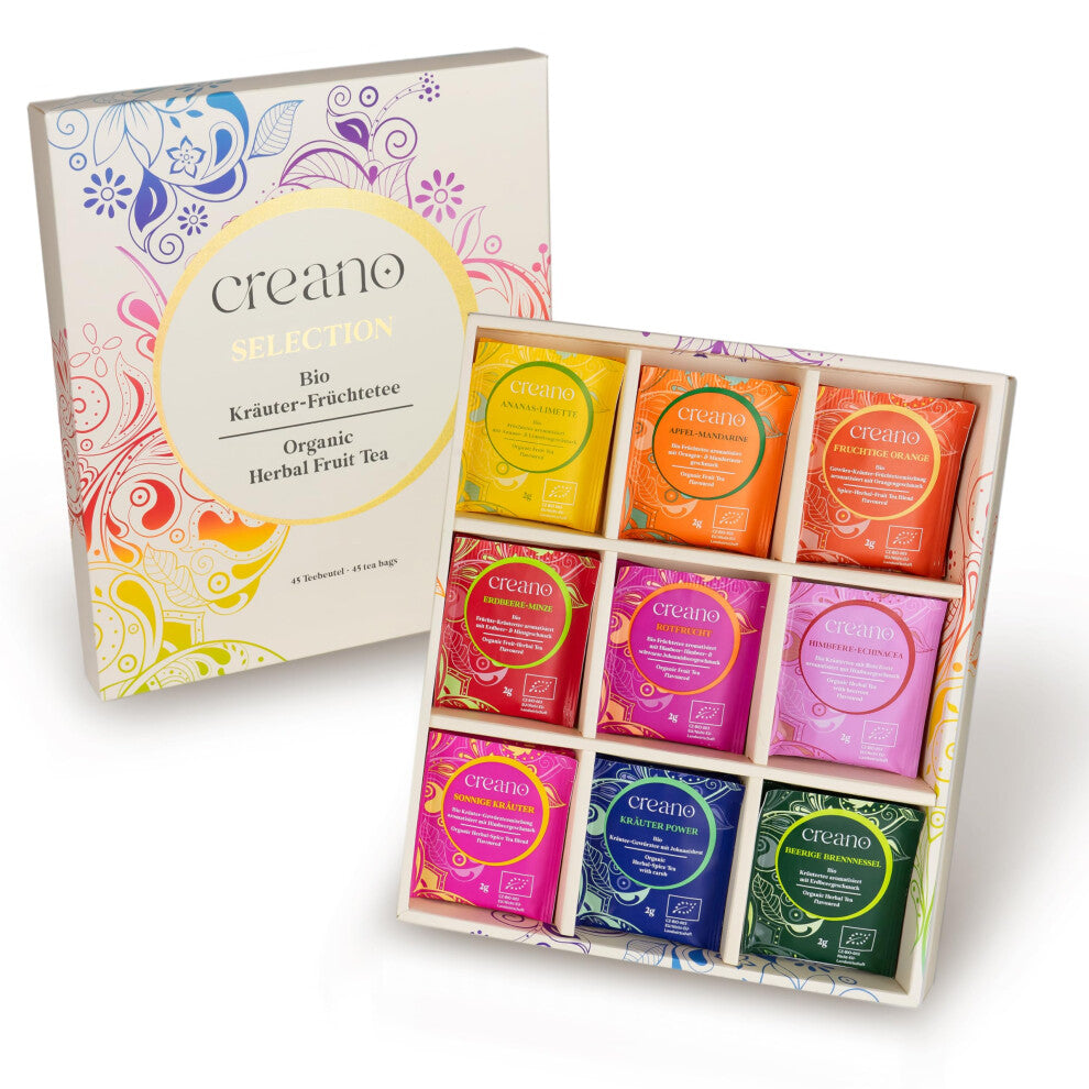 Creano Organic Fruit Tea Herbal Tea Gift Set ? 45 Organic Tea Bags in 9 Dreamy Varieties ? 90 g*