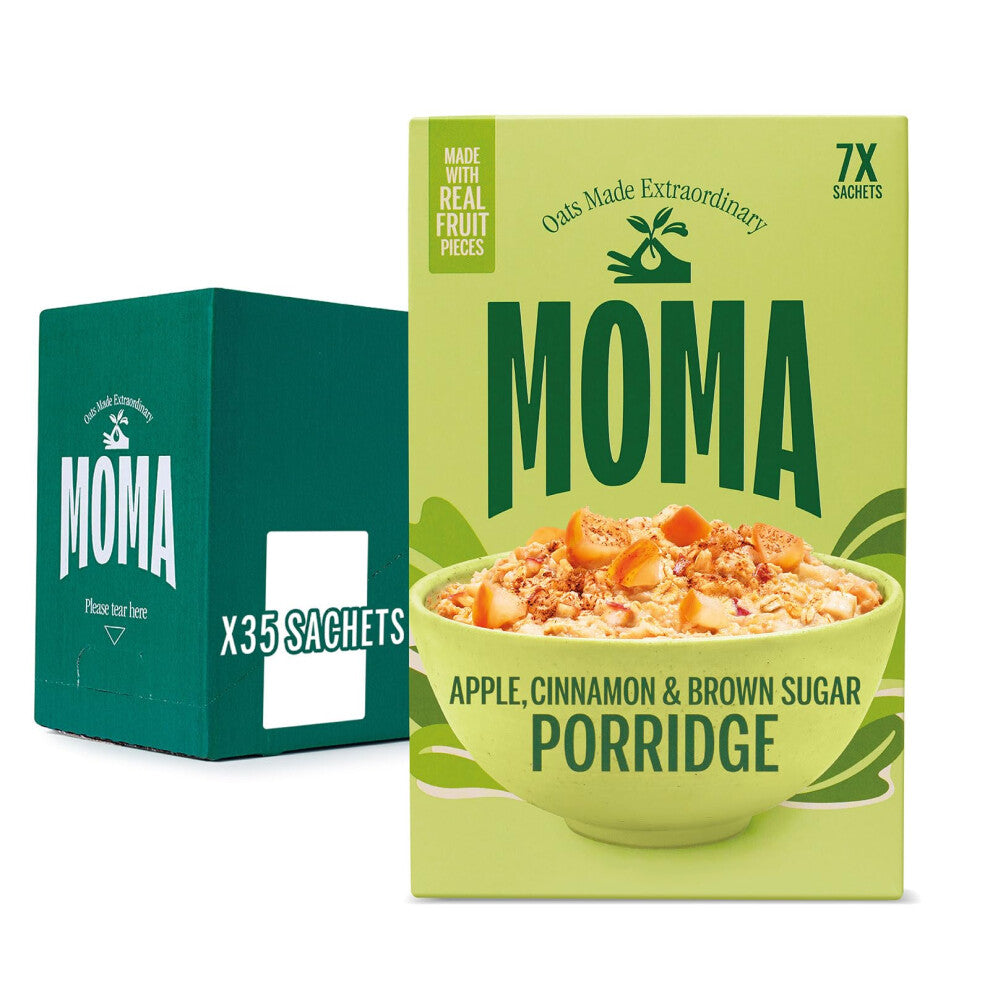 MOMA - Apple, Cinnamon & Brown Sugar Porridge Sachets - 35 x 40g - Made with British Wholegrain Jumbo Oats ? High in Fibre ? Plant-Based ? Contains