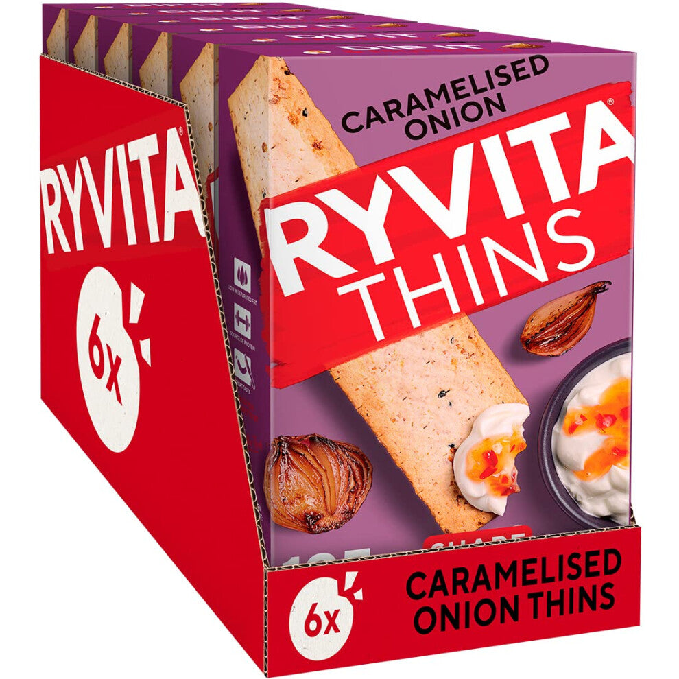 Ryvita Caramelised Onion Thins | Dipping, Snacking, Sharing | Fibre | Healthy | 6 PACKS of 125g