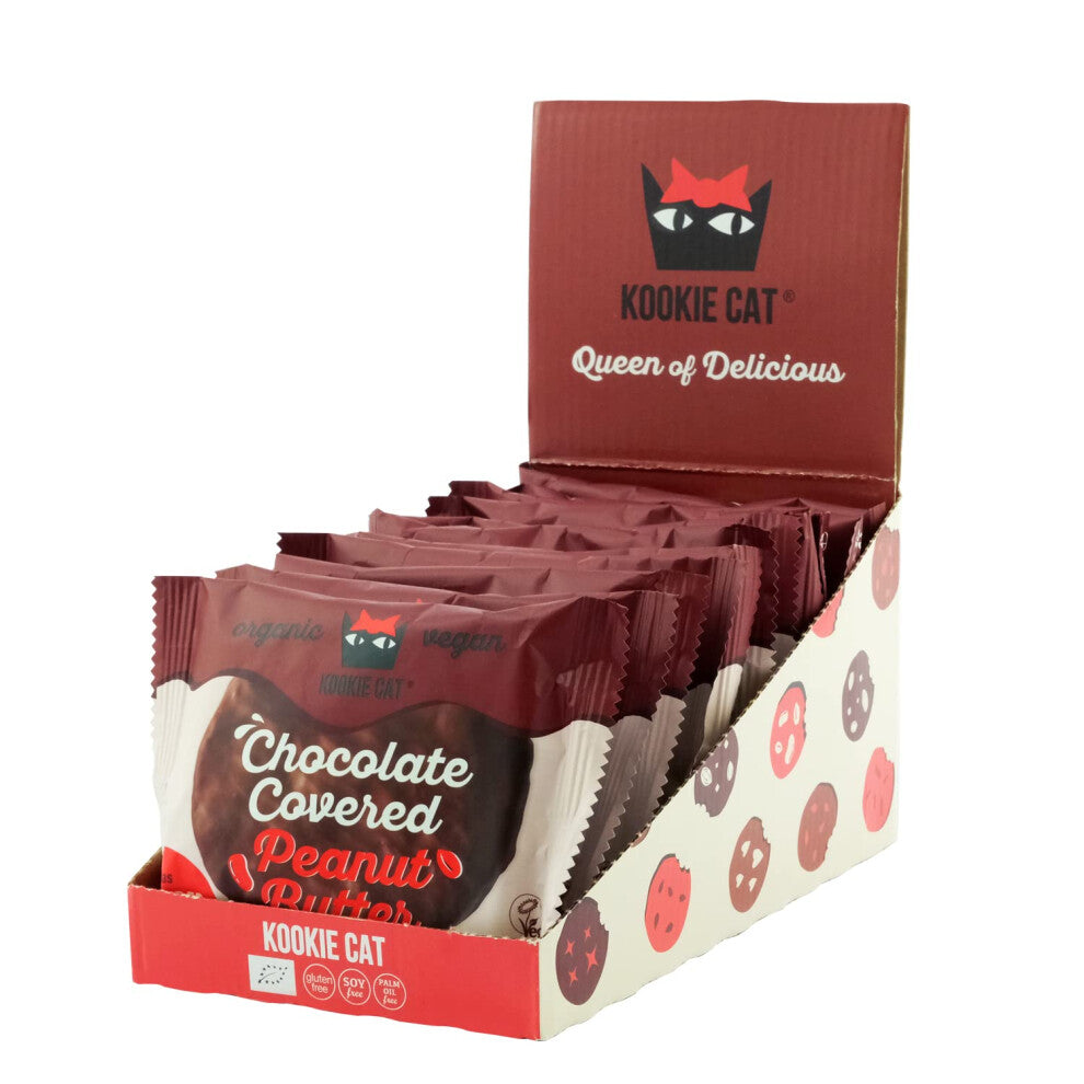 Kookie Cat Peanut Butter with Chocolate Coating - Individually Wrapped Vegan Cookies, Gluten Free, Soy Free, Bio and Organic, Cashew & Oats - 12 x 50g