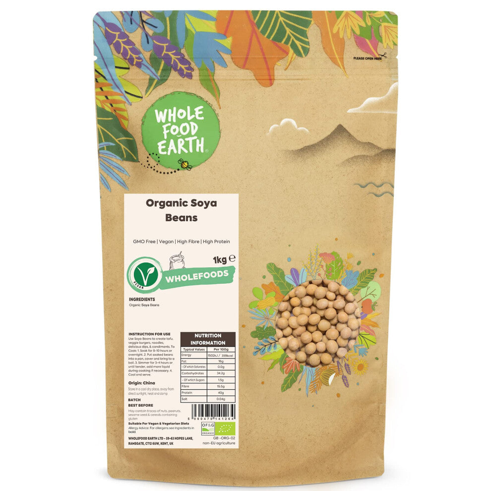 Wholefood Earth Organic Soya Beans 1kg GMO Free | Vegan | High Fibre | High Protein | Certified Organic