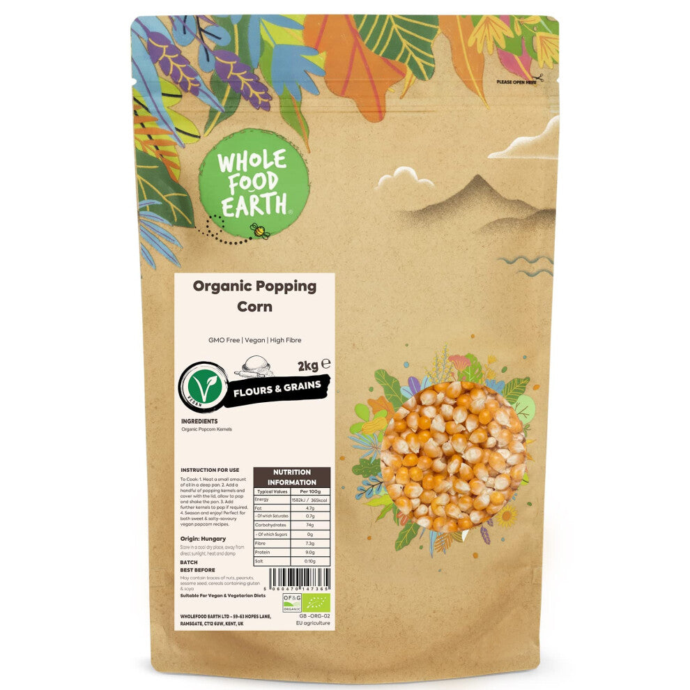 Wholefood Earth Organic Popping Corn ? 2kg | GMO Free | Vegan | High Fibre | Certified Organic