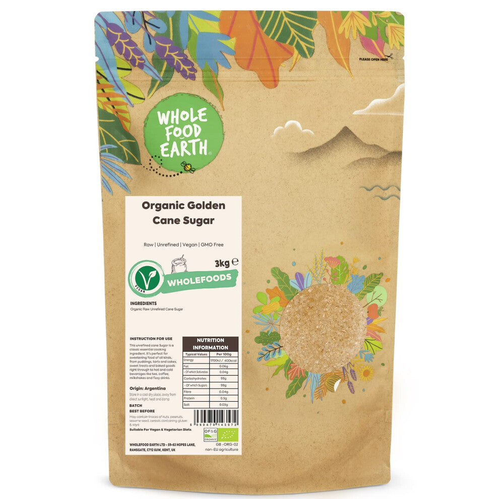 Wholefood Earth Organic Golden Cane Sugar 3kg Raw | Unrefined | Vegan | GMO Free | Certified Organic