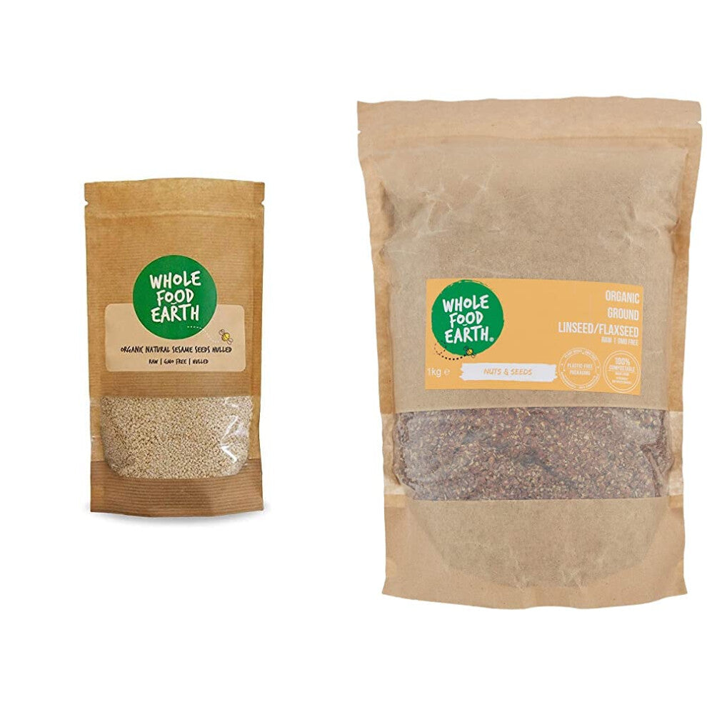 Wholefood Earth Organic Natural Sesame Seeds Hulled, 500 g & Organic Ground Linseed, 1 kg