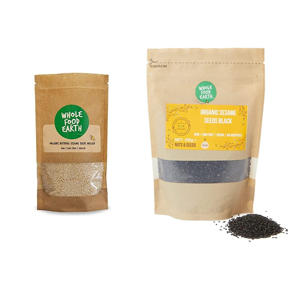 Wholefood Earth Organic Natural Sesame Seeds Hulled, 500 g & Organic Black Sesame Seeds - Raw - GMO Free - Vegan - No additives - 250g
