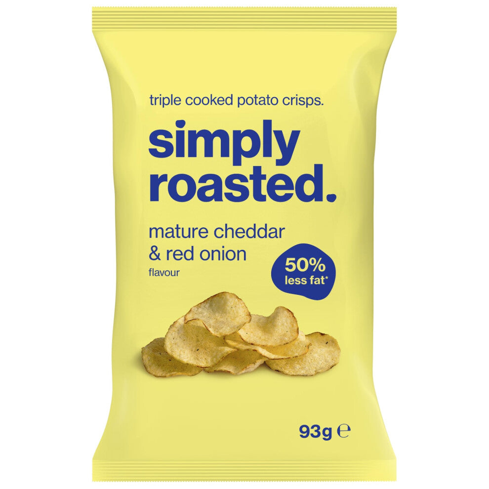 Simply Roasted - Mature Cheddar & Red Onion Crisps | Share Box of 12 x 93g bags | 50% less fat | Low in Salt | Triple Cooked British Potato