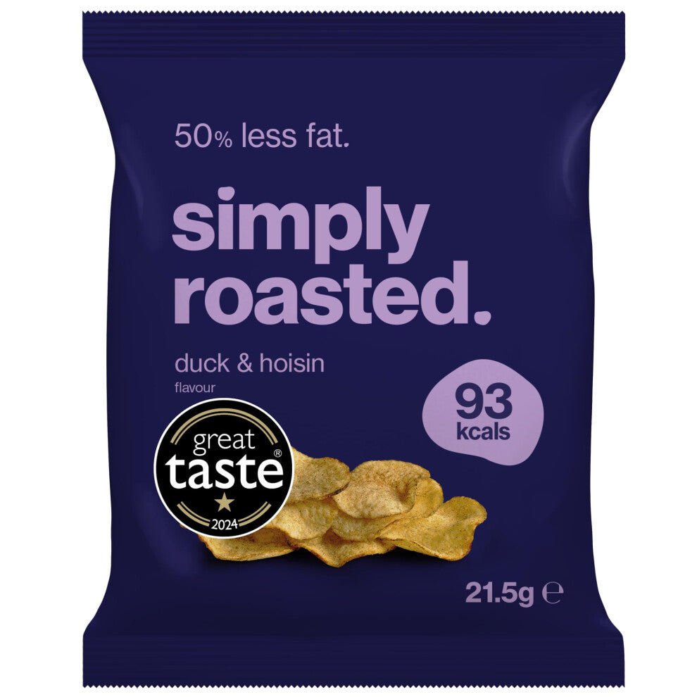 Simply Roasted - Duck & Hoisin Flavour Crisps | Box of 24 x 21.5g bags | Less than 99 calories | 50% less fat | Low in Salt | Triple Cooked British