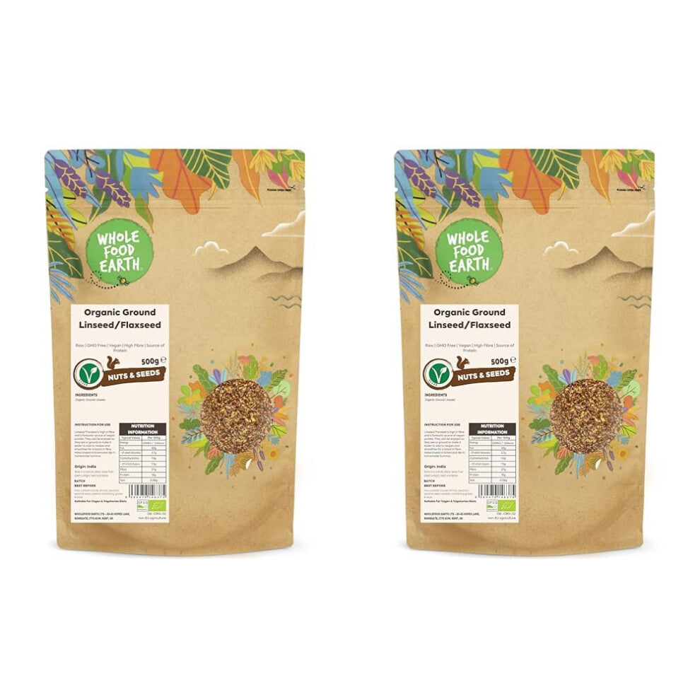 Wholefood Earth Organic Ground Linseed-Flaxseed 500g Raw | GMO Free | Vegan | High Fibre | Source of Protein | Certified Organic (Pack of 2)