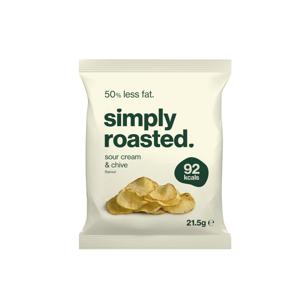 Simply Roasted - Sour Cream & Chive Flavour Crisps | Box of 24 x 21.5g bags | Less than 99 calories | 50% less fat | Low in Salt | Triple Cooked