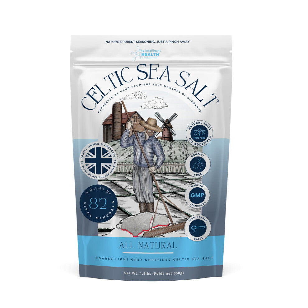 The Intelligent Health - Celtic Sea Salt 650g, Premium Organic, Rich in 82+ Minerals,Unrefined and Hand-Harvested from France, Fine & Coarse Crystals,