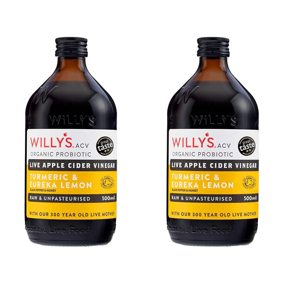 Willy's ACV Organic Live Probiotic Apple Cider Vinegar with Mother for Gut Health - Fresh Turmeric, Honey & Black Pepper (1 x 500ml), white (Pack of
