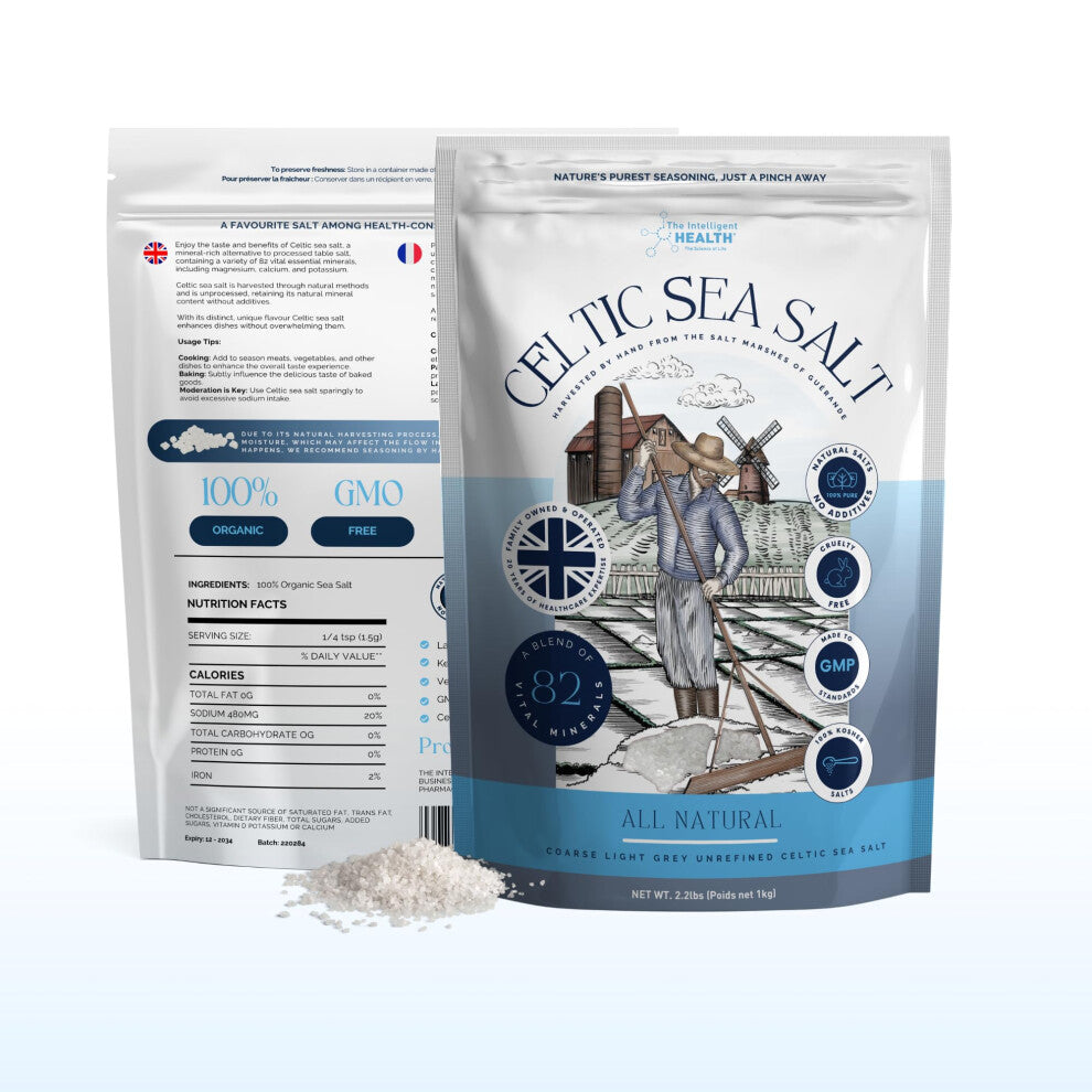 The Intelligent Health - Celtic Sea Salt 1kg, Premium Organic, Rich in 82+ Minerals,Unrefined and Hand-Harvested from France, Fine & Coarse Crystals,