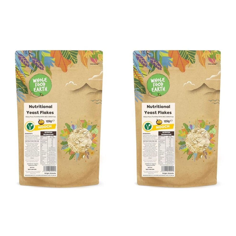 Wholefood Earth Nutritional Yeast Flakes (Nooch) 125g | Dairy Free | Fortified with B12 | GMO Free (Pack of 2)