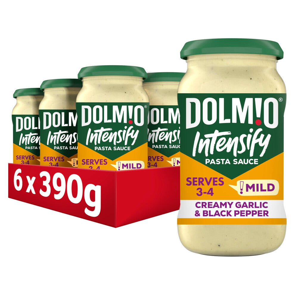 Dolmio Intensify Pasta Sauce Mild Creamy Garlic & Black Pepper Jar, perfect for a quick pasta meal for 3-4, Bulk Multipack 6 x 390g