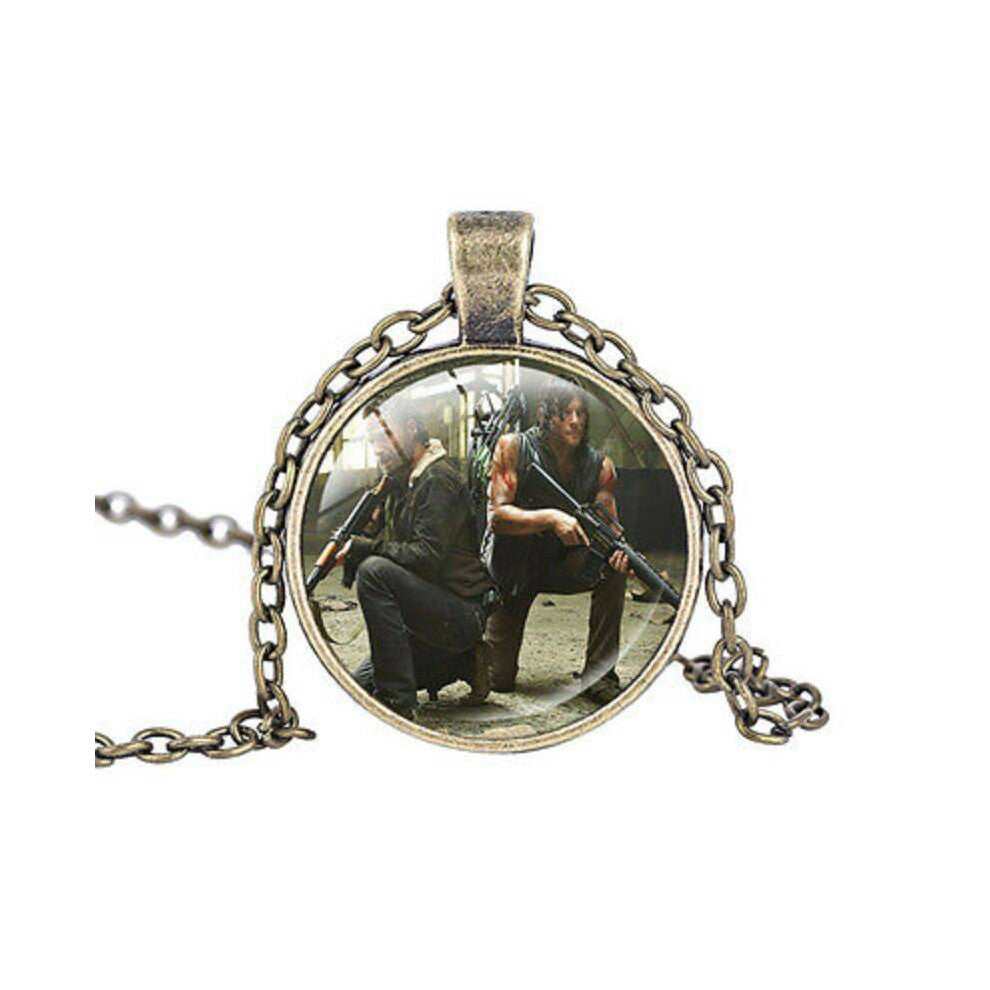 (Style C) Zombie The Walking Dead Cabochon Tibetan Bronze Glass Decor Pendant Necklace