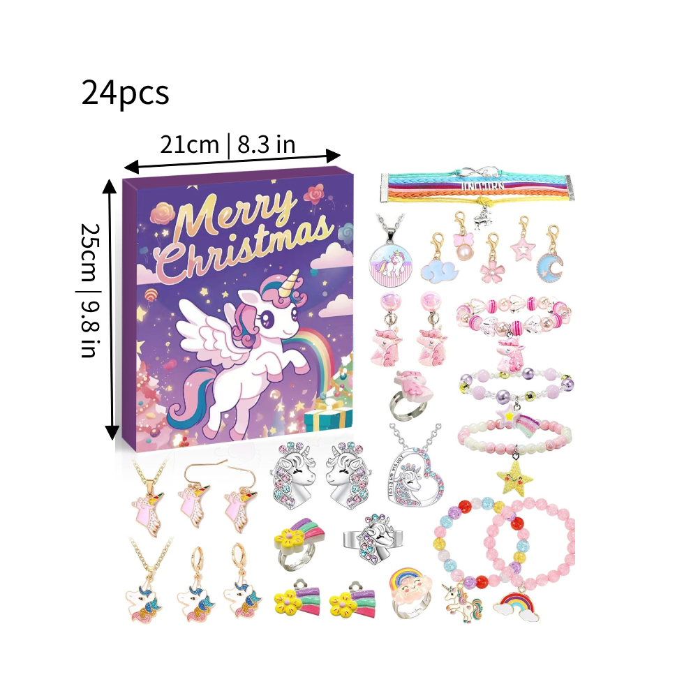 (Style A) Christmas Calendar Advent Blind Box Beaded Unicorn Girls Gift Jewelry Surprise
