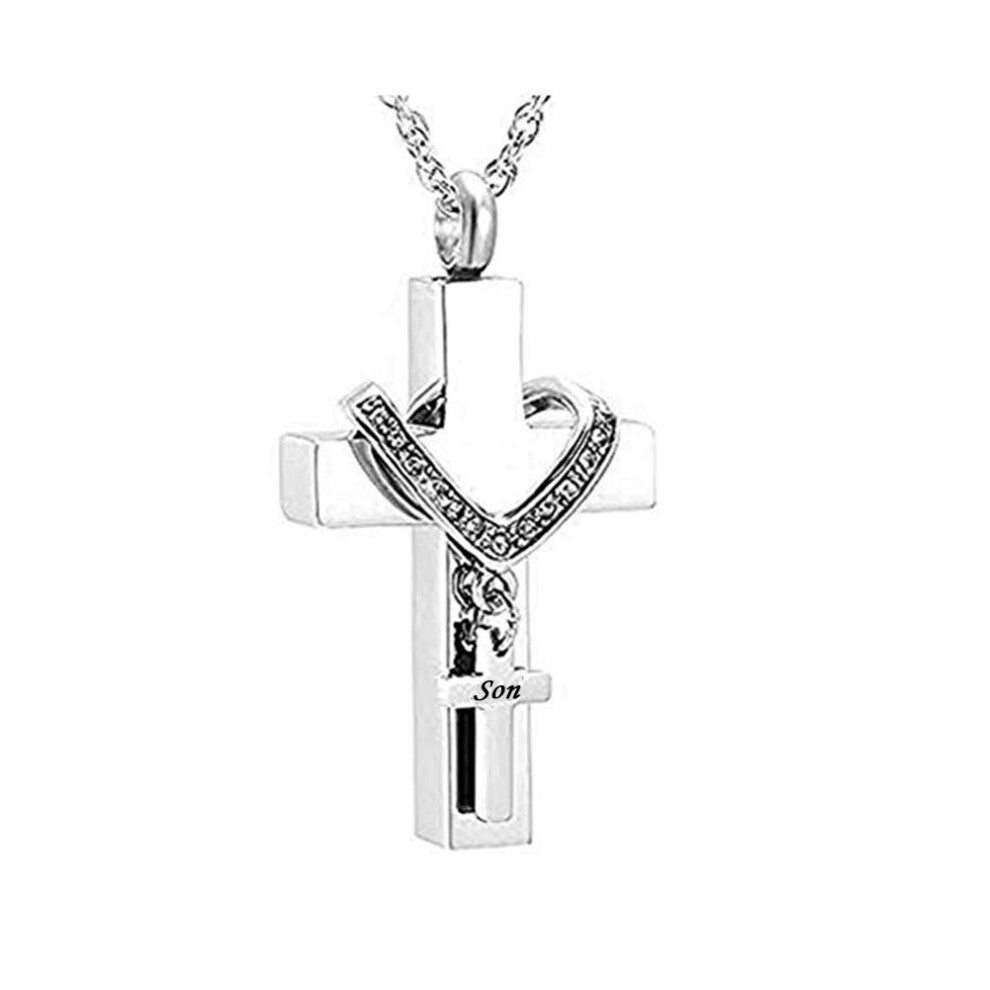 MEMORIALU Cross Urn Necklaces for Ashes Cremation Crucifix Keepsake Memorial Stainless Steel Pendant Necklace for Son