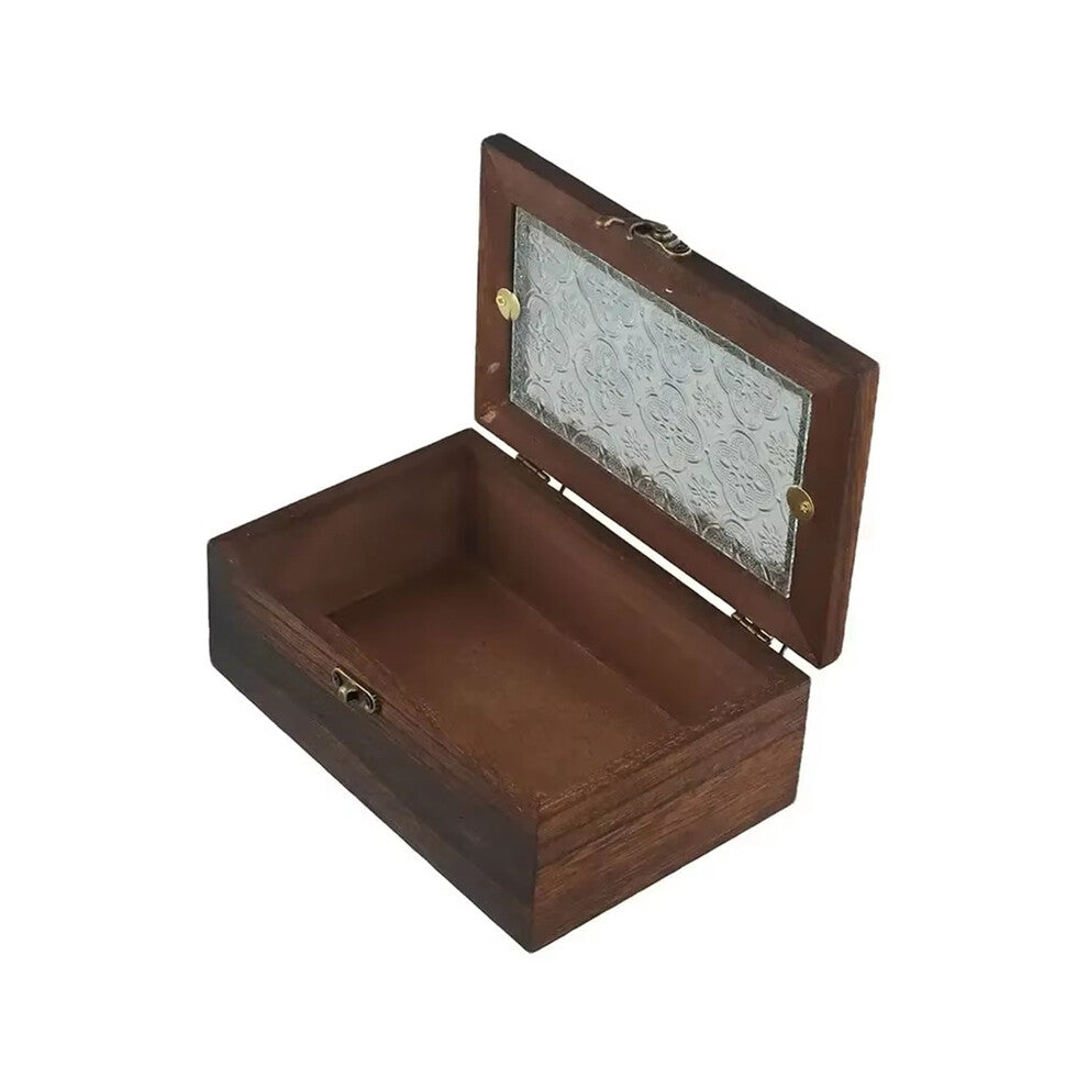 Vintage Glass Storage Box, Solid Wood Cabinet, Desktop Organizer, Makeup Table Decor,Wooden Retro Sundries Box S