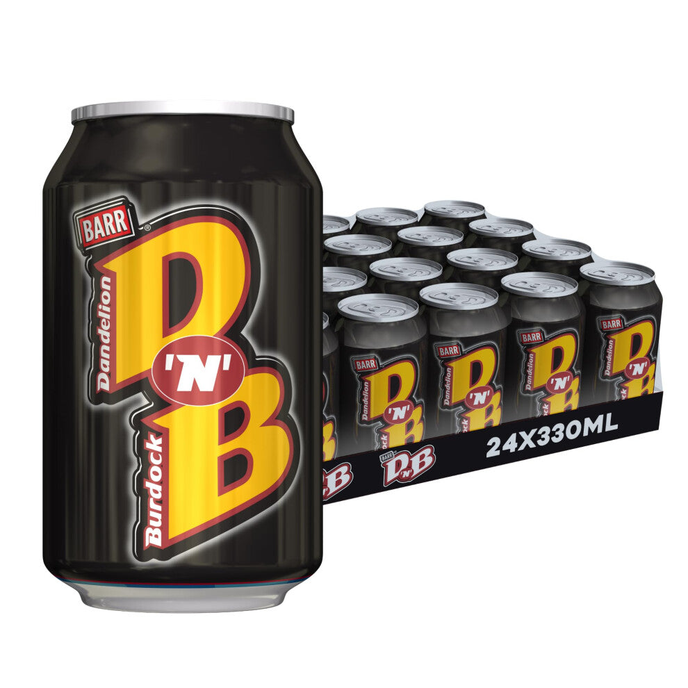 BARR DNB 24 Pack Dandelion and Burdock, Zero No Sugar Flavoured Fizzy Drink - 24 x 330ml Cans