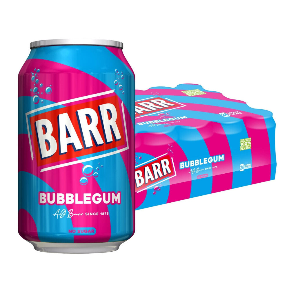 BARR since 1875, 24 Pack Blue Bubblegum Zero No Sugar Flavoured Fizzy Drink "Fizzingly Fun" - 24 x 330ml Cans