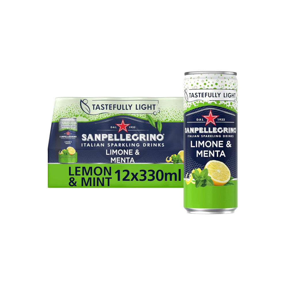 San Pellegrino Sparkling Lemon & Mint - Tastefully Light Italian Soda, 74 kcal per can (12 x 330ml)