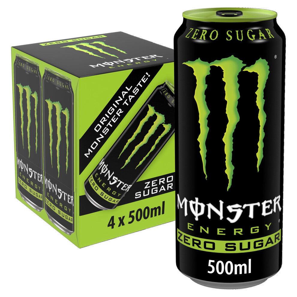 Monster Energy Green Zero Sugar 4 x 500ml - Sugar-Free Energy Drink with B Vitamins & Caffeine
