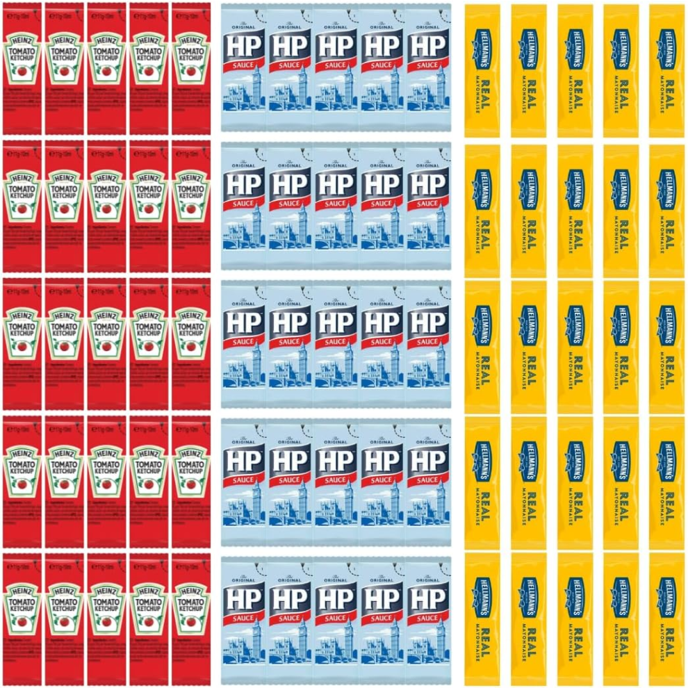 Heinz Tomato Ketchup, Hellmann's Mayonnaise & HP Brown Sauce Sachet Bundle 75 Pack (25 of Each)