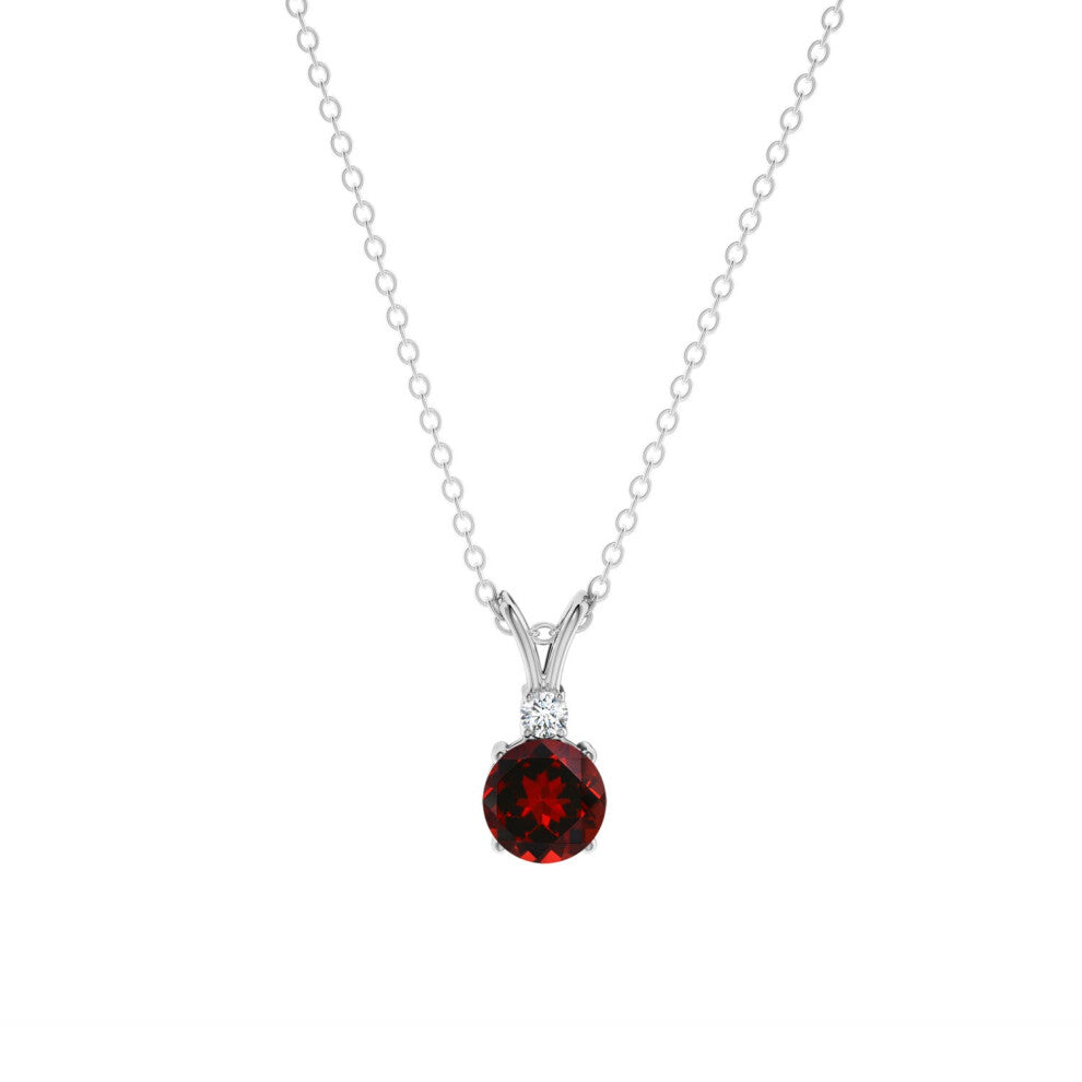 ANGARA 0.6 Ct Natural Round Shape Garnet and 0.018 Ct Natural Diamond V-Bale Pendant Necklace with Chain for Women In Sterling Silver