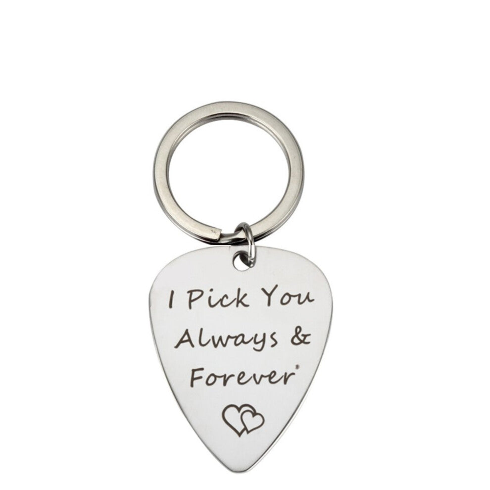 Meiligo Stainless Steel Valentine's Day Jewelry I Pick You Always Forever Guitar Pick Necklace Key Chain Pendant (Necklace Key Chain(2pcs))