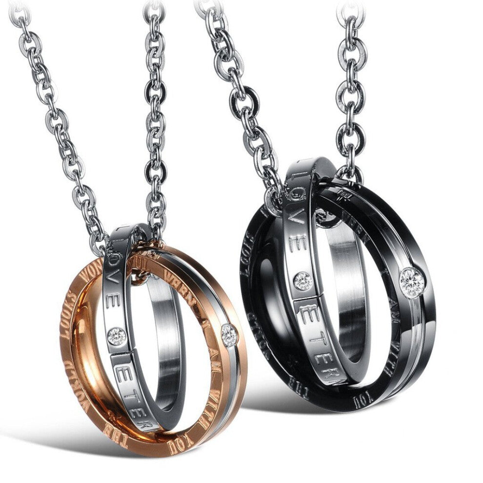 Feraco Couple Necklace His Her Titanium Steel Engraved Ring Pendant Necklaces Long Chain Matching Set