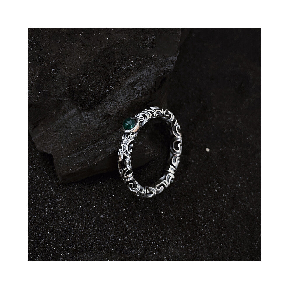 (Silver) Niche Designs Grass Grain Green Zirconium Hollow Female Retro Rings Fashion