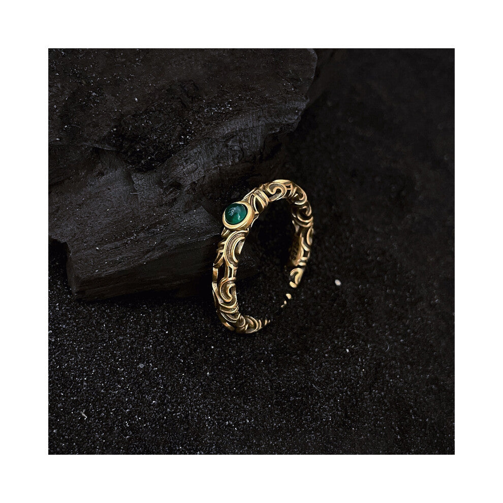 (Gold) Niche Designs Grass Grain Green Zirconium Hollow Female Retro Rings Fashion