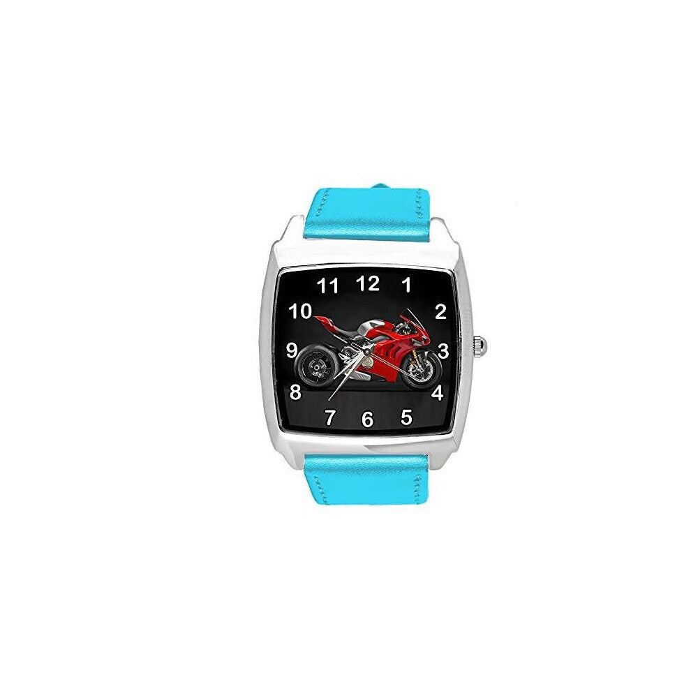Blue Leather Quartz Square Watch for Motorbike Fans