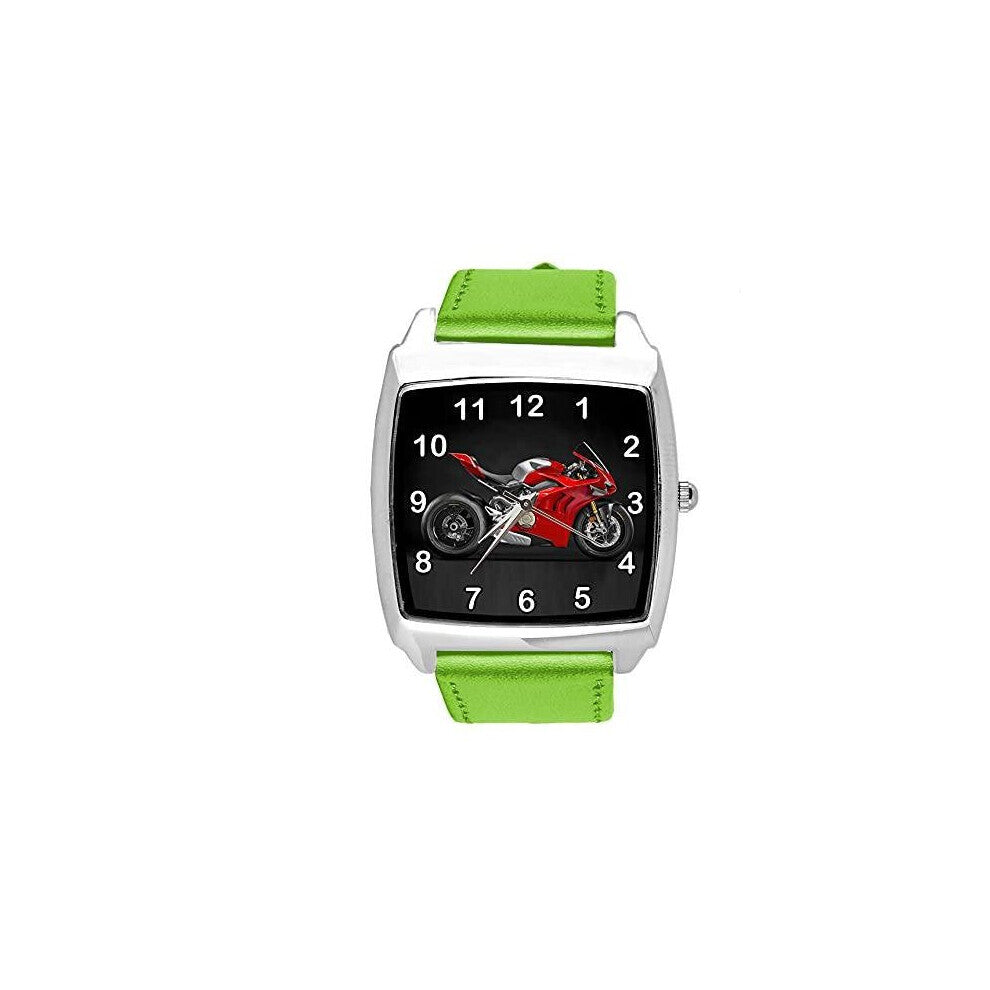 Green Leather Quartz Square Watch for Motorbike Fans