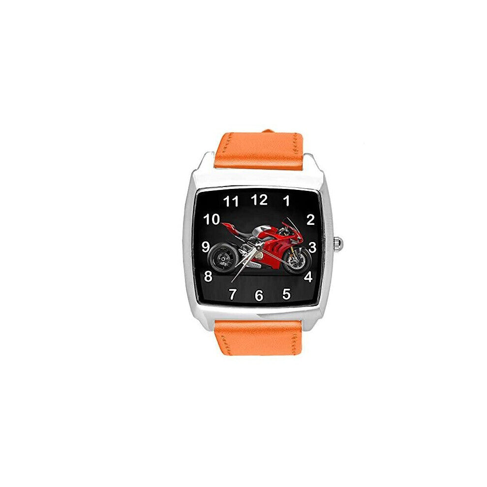 Orange Leather Quartz Square Watch for Motorbike Fans