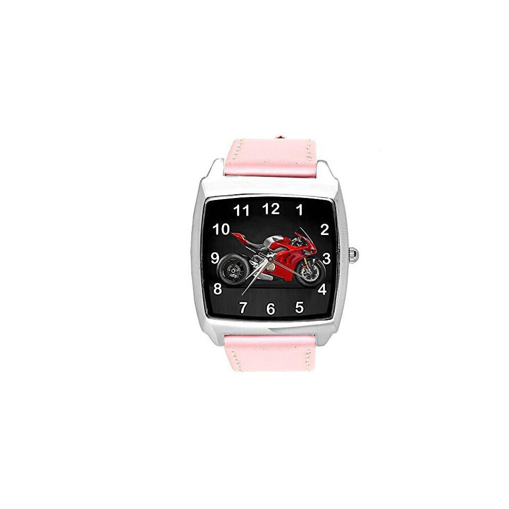 Pink Leather Quartz Square Watch for Motorbike Fans
