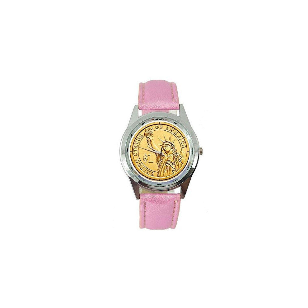 USA Gold State of Liberty Dollar Coin Quartz Round Watch Real Pink Leather Band