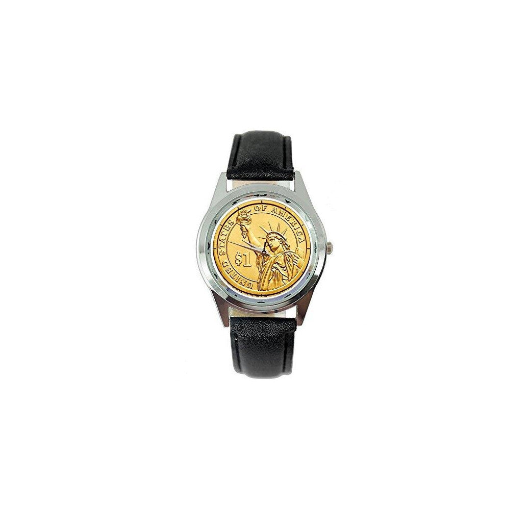 USA Gold State of Liberty Dollar Coin Quartz Round Watch Real Leather Band  Black