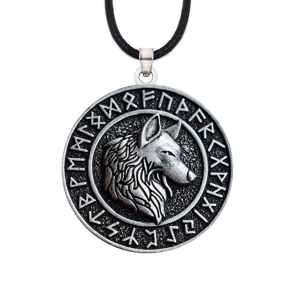 HAQUIL Viking Wolf Necklace  Viking Ancient Runes Medallion with Fenrir Wolf Head Pendant  Faux Leather Cord  Norse Necklace for Men (AD)