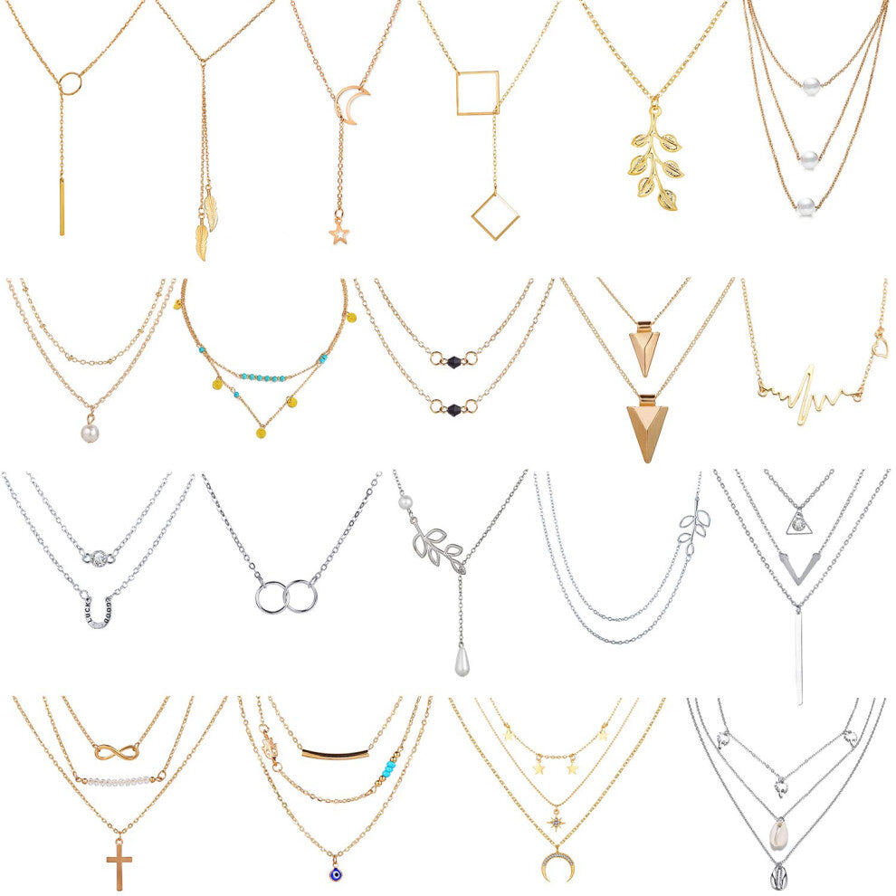 AROIC 20 PCS Pendant Necklace with 14 PCS Gold 6 PCS Sliver 20 styles of necklaces for Women Jewelry Fashion and Valentine Birthday Party Gift