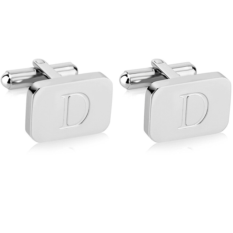 18K White-Gold Plated Initial Engraved Stainless Steel Mens Cufflinks With Gift Box -Personalized Alphabet Letters A-Z By Lux & Pair (D- White Gold)