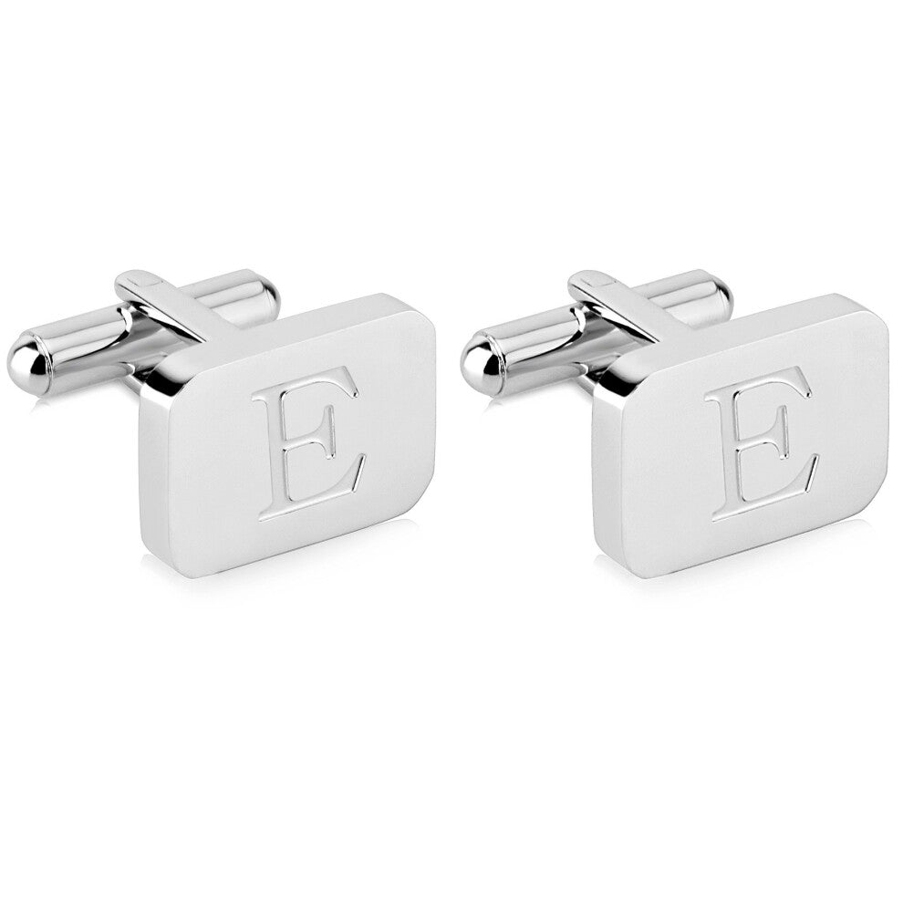 18K White-Gold Plated Initial Engraved Stainless Steel Mens Cufflinks With Gift Box -Personalized Alphabet Letters A-Z By Lux & Pair (E- White Gold)