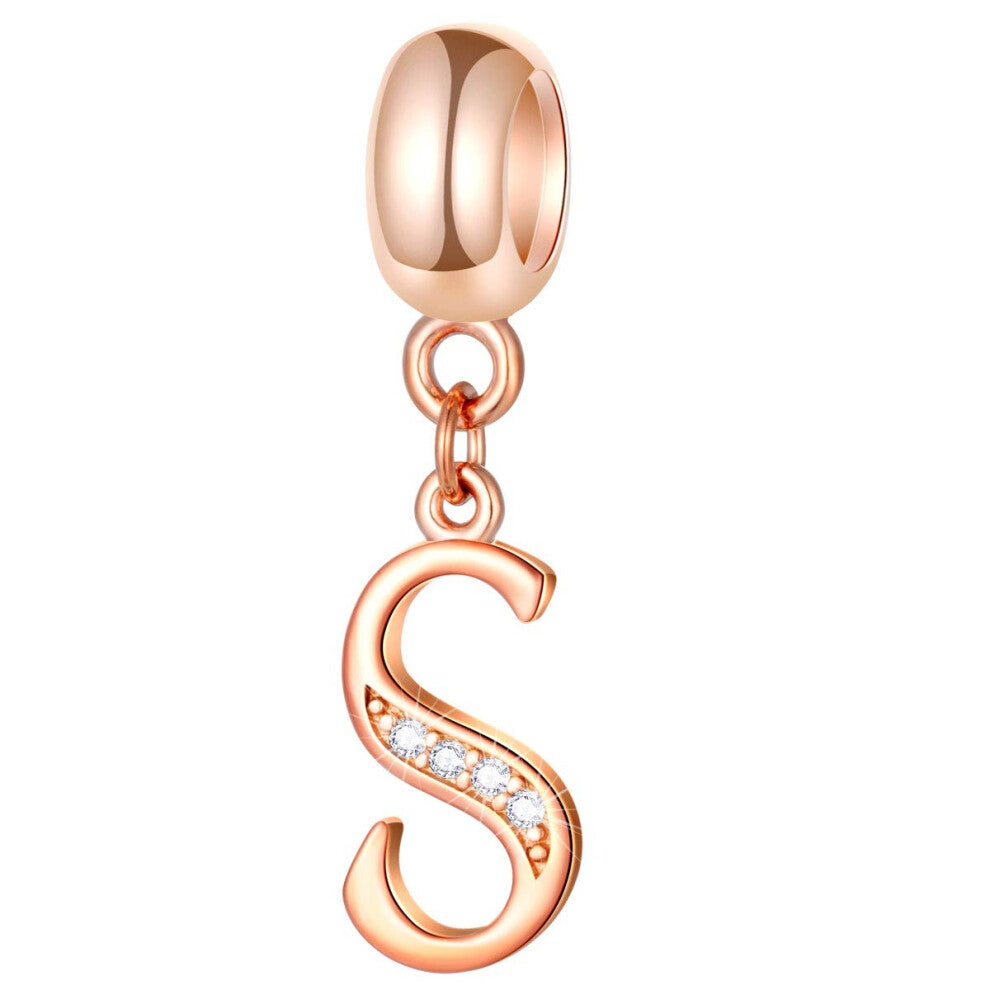 Letter S Charms Initial A-Z Alphabet Beads - Rose Gold Authentic 925 Sterling Silver Letra Dangle Letra Necklace Pendant  fit Pandora Style Bracelets