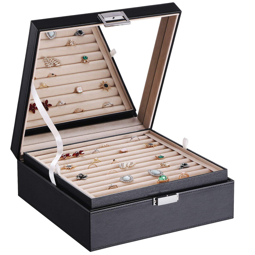 BEWISHOME Ring Organizer and Earring Box Holder - 11 Ring Slots  25 Earring Compartments  Large Mirror  2 Layers Jewelry Box Tray Cufflinks Storage fo