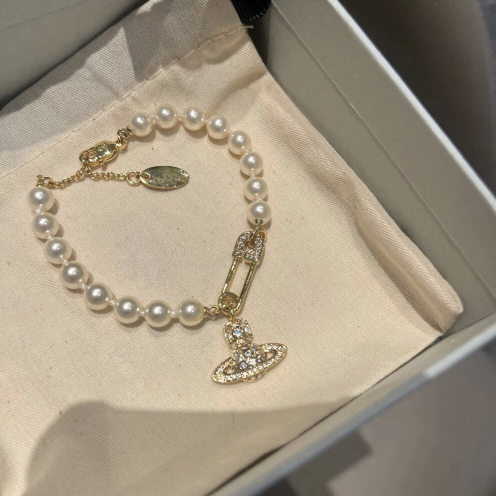 (Pin pearl bracelet - Gold) Saturn pearl necklace Women's pin paper clip Vivian the same pendant stereo planet