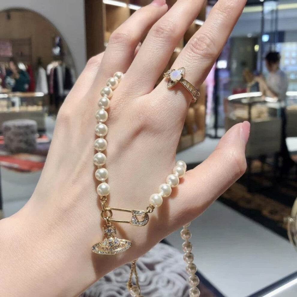 (Pin pearl necklace - Gold) Saturn pearl necklace Women's pin paper clip Vivian the same pendant stereo planet