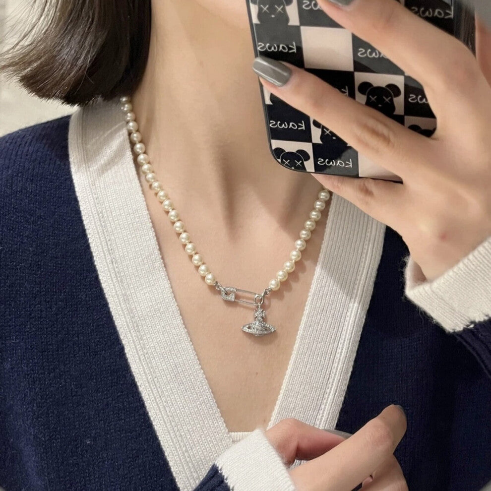 (Pin pearl necklace - Silver) Saturn pearl necklace Women's pin paper clip Vivian the same pendant stereo planet